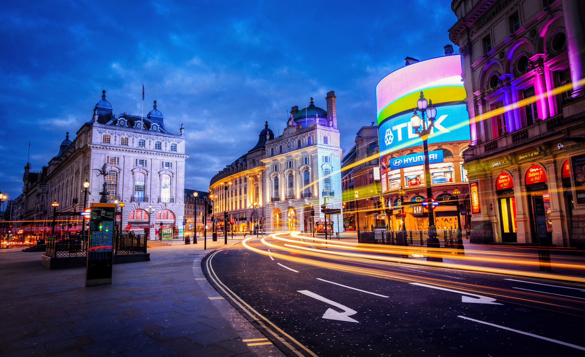 london england city united kingdom piccadilly street road buildings lights light extract night