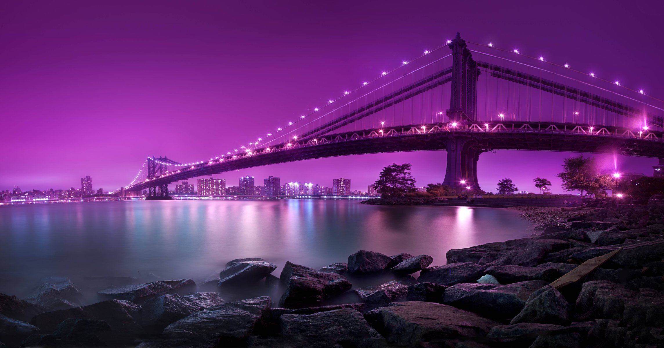 usa new york empire city manhattan brooklyn bridge east river purple magic night lanterns lighting shore water rocks lights stone