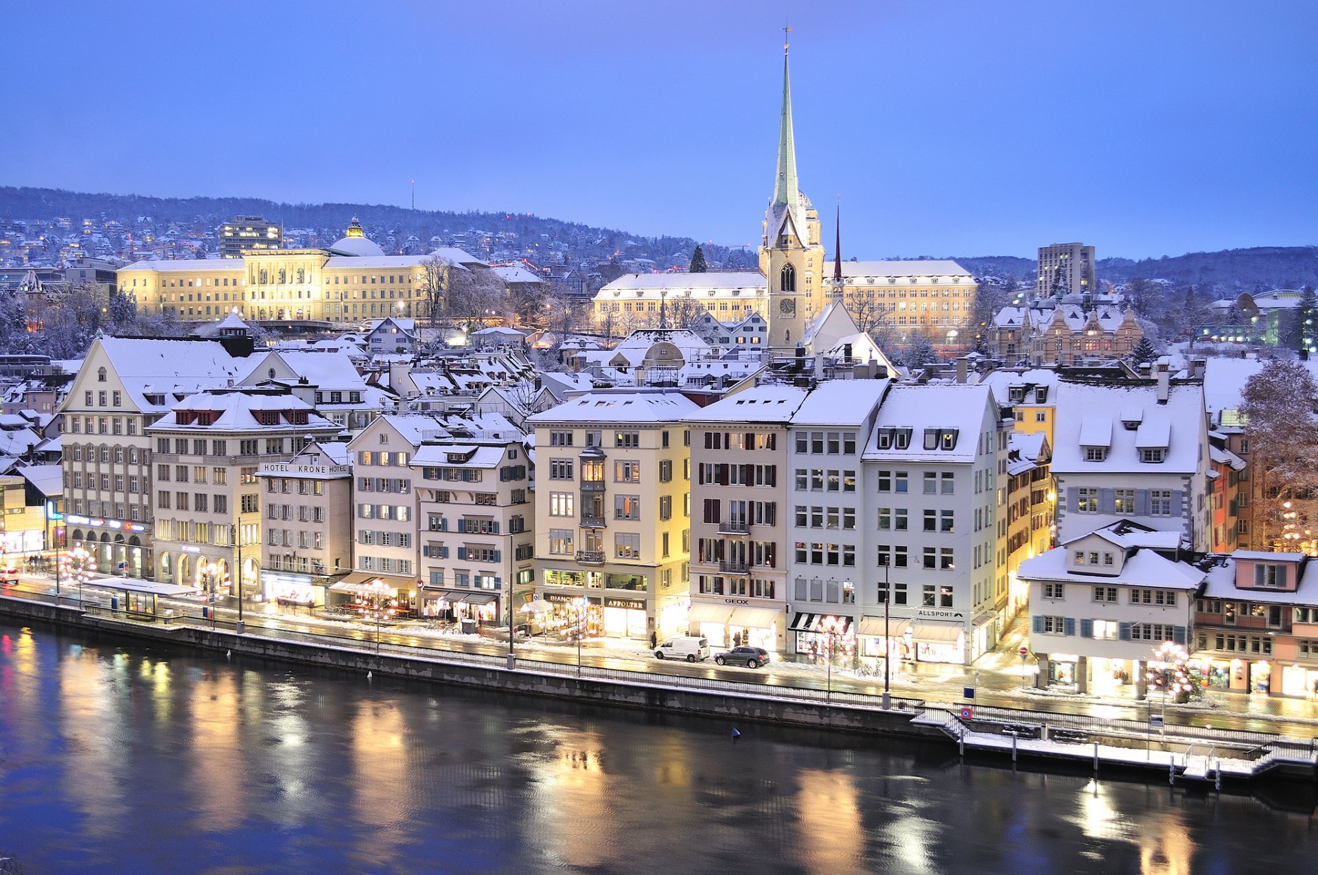 zurich suisse ciel montagnes rivière maison hiver neige soirée lumières