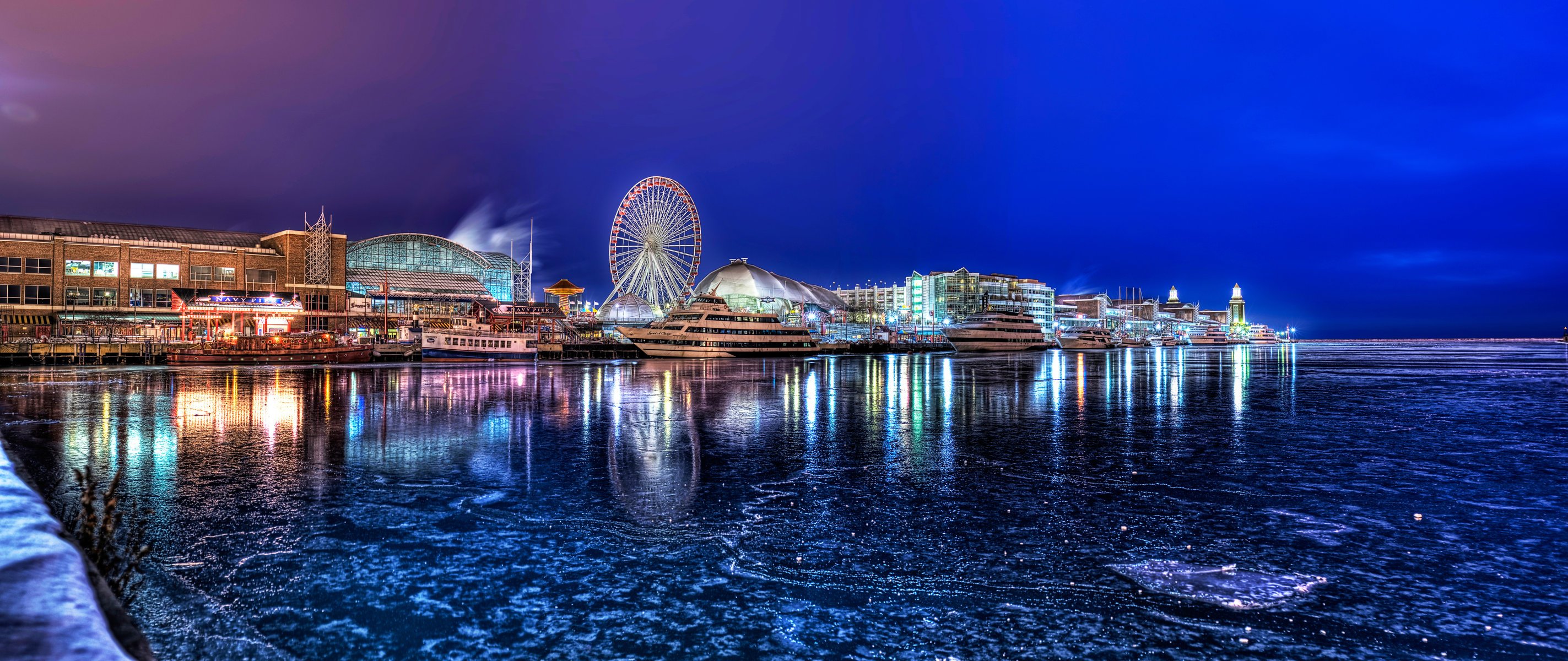 chicago illinois town winter yacht embankment night