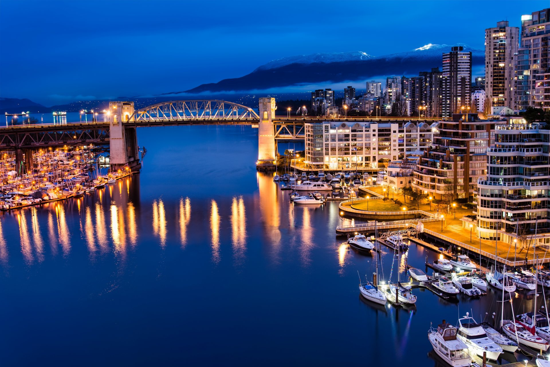 canada vancouver cities night evening houses mountains forest port marina yachts boats bridge