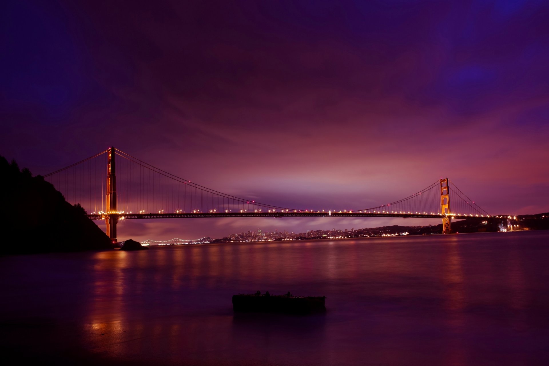 san francisco golden gate bridge golden gate californie états-unis ville pont soleil aube matin ciel route autoroute lumières éclairage eau baie