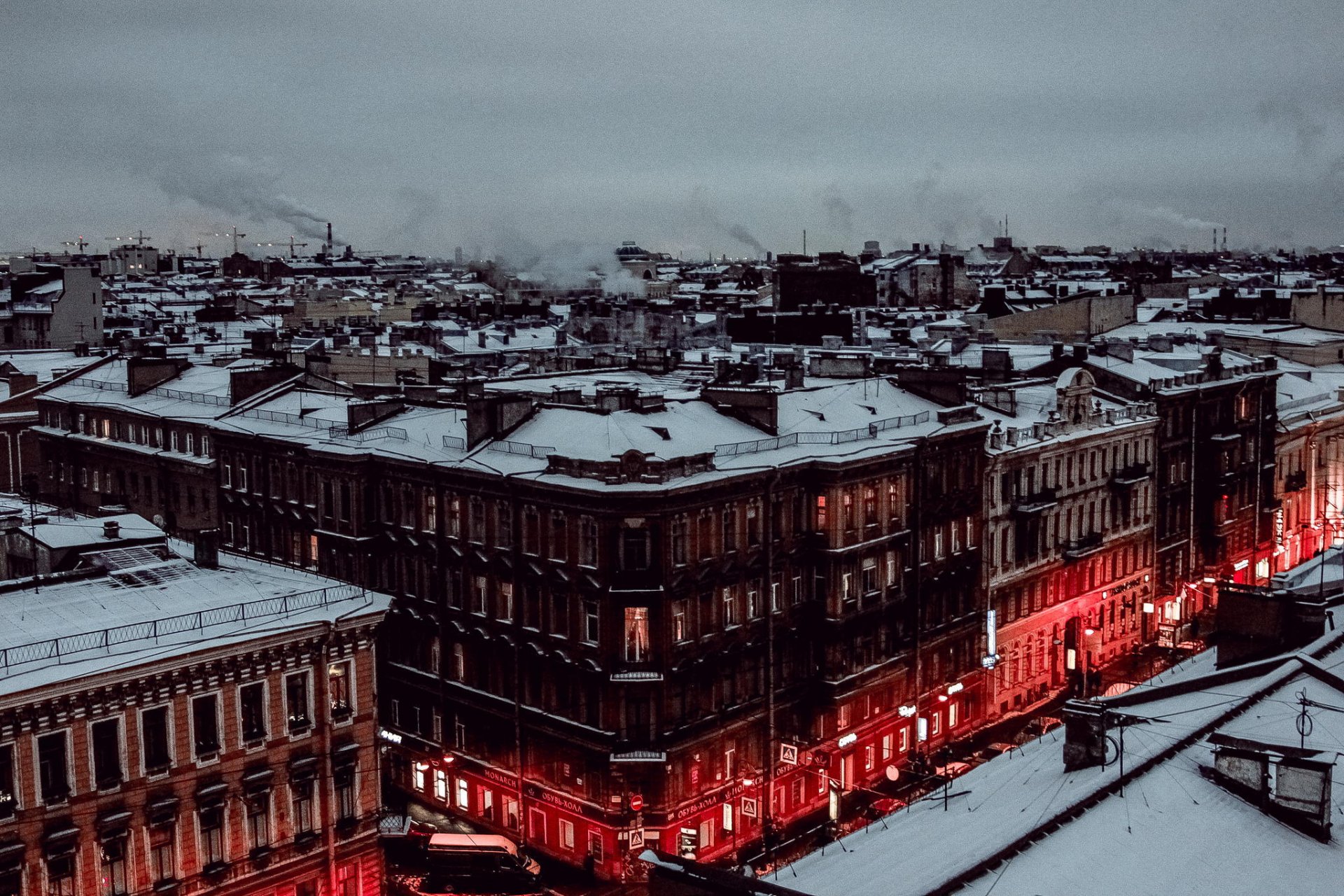 t. petersburg peter russia spb night winter snow house roof