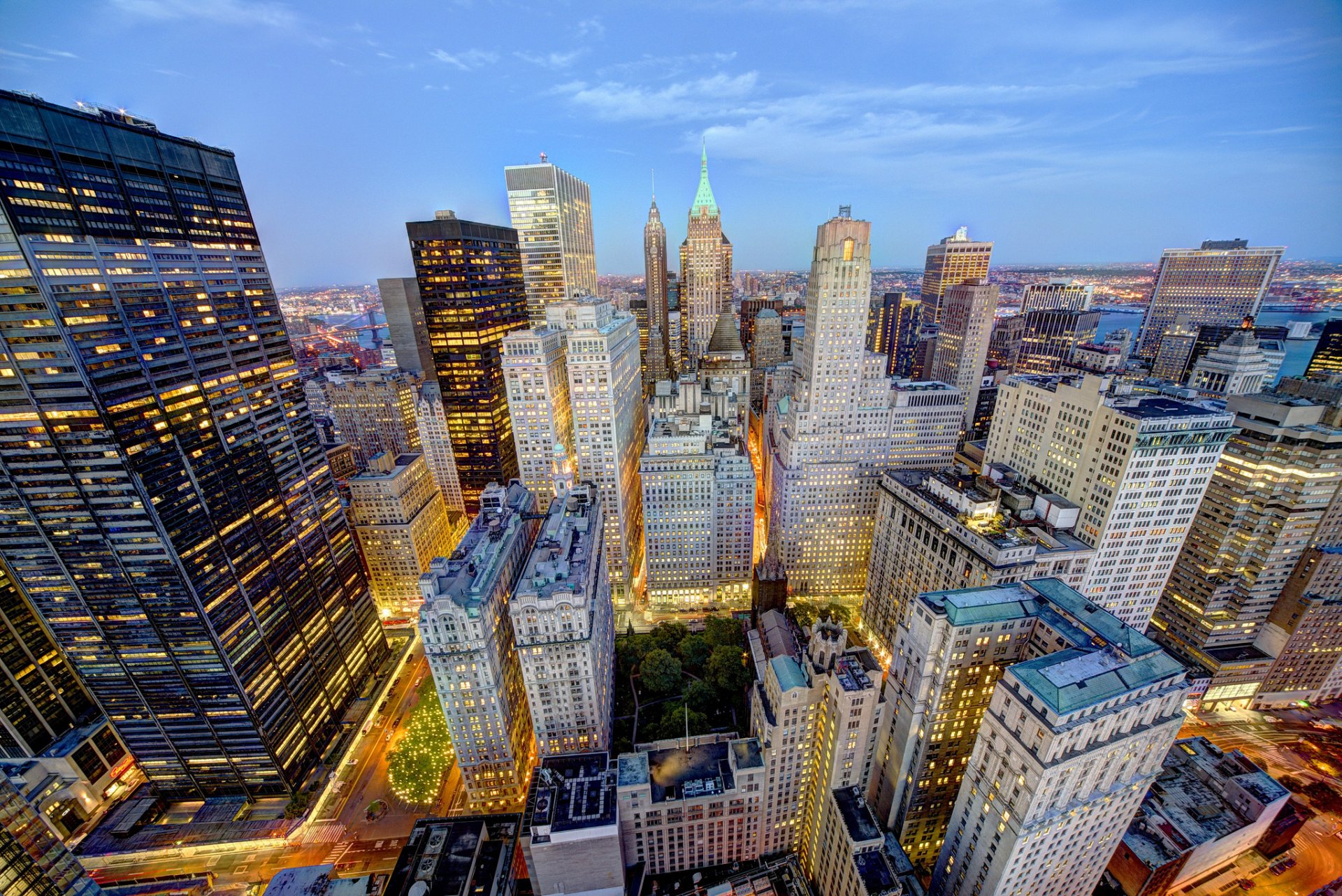 new york lower manhattan financial district chase plaza trinity church zuccotti park usa skyscrapers houses buildings roofs evening lights city