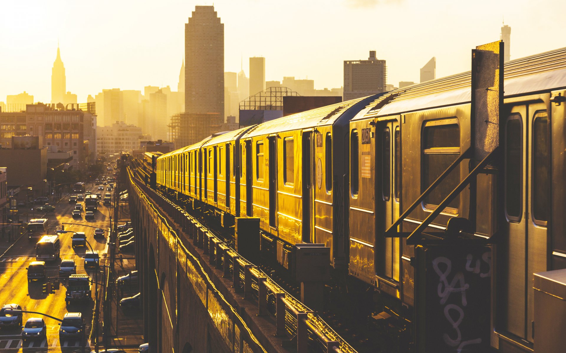 new york usa staaten städte länder u-bahn zug eisenbahn morgen wolkenkratzer leben früher sonne autos straße straßen auto schienen autos schöne hintergrundbilder