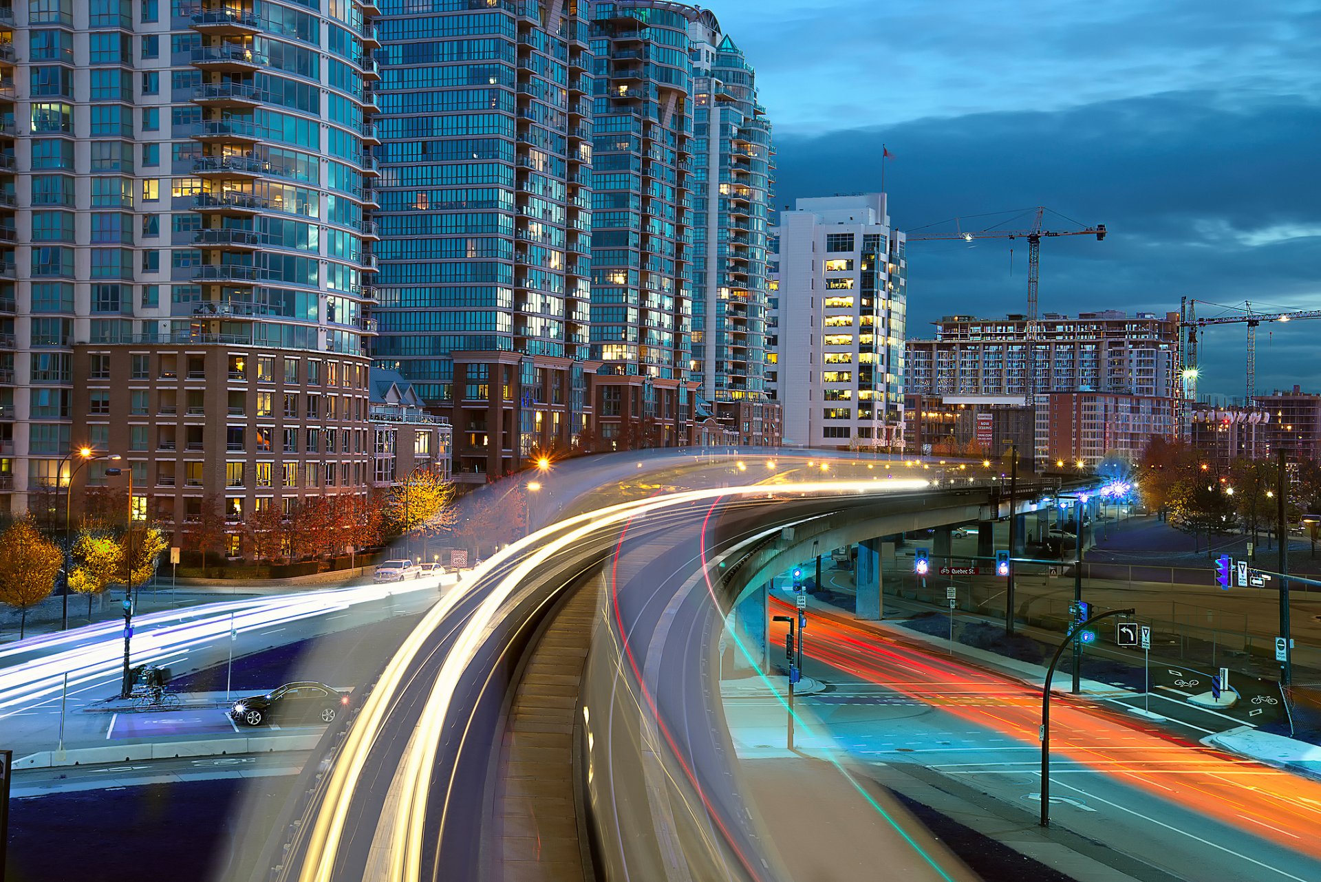 canada town house construction crane night road lights extract train