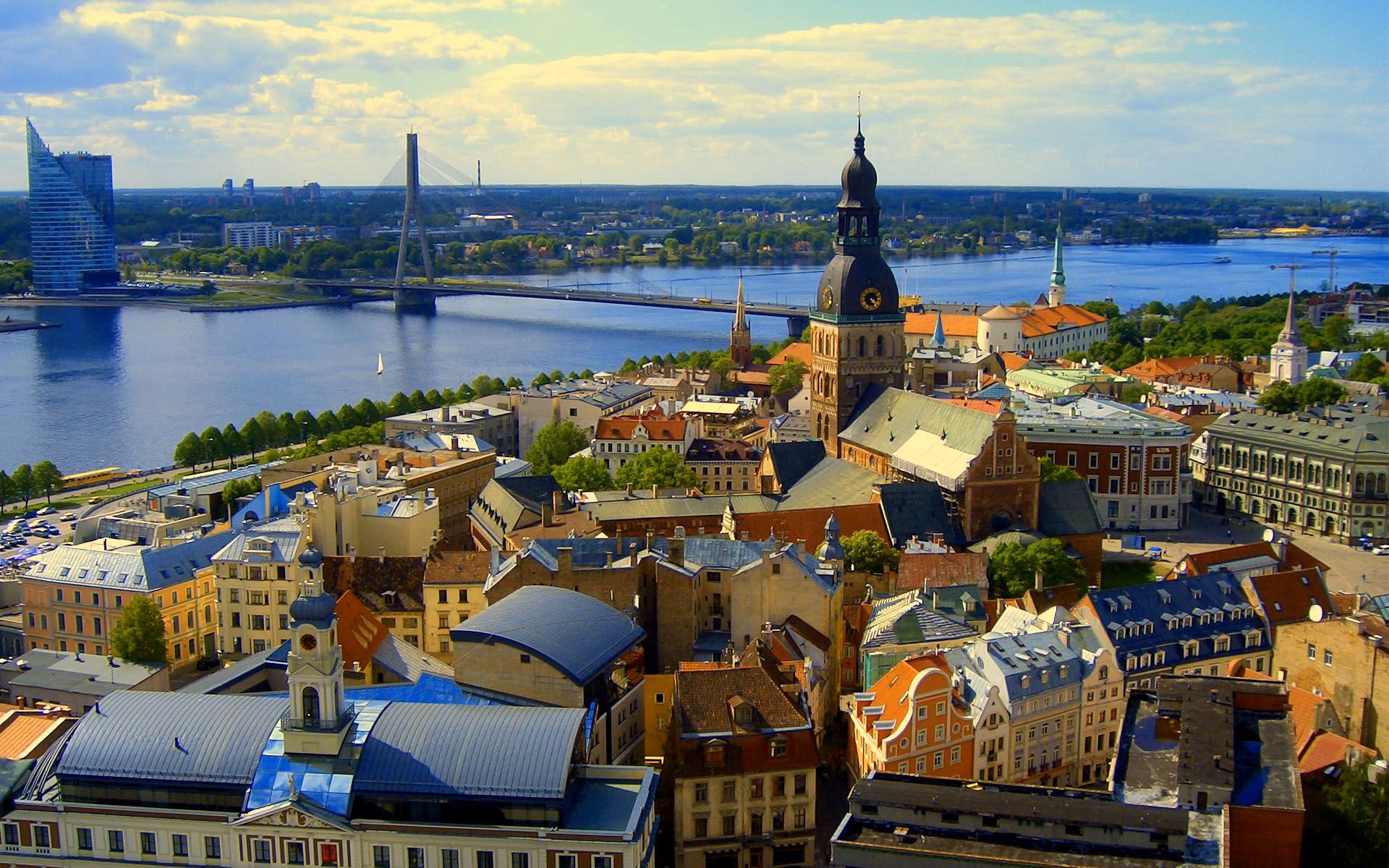 riga latvia sky house river bridge panorama