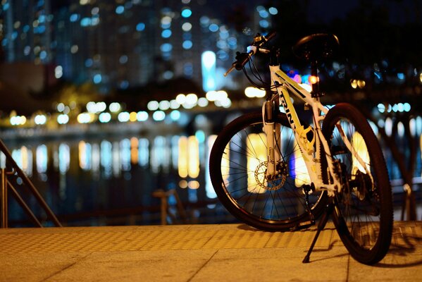 Einsames Fahrrad am Wasser nachts