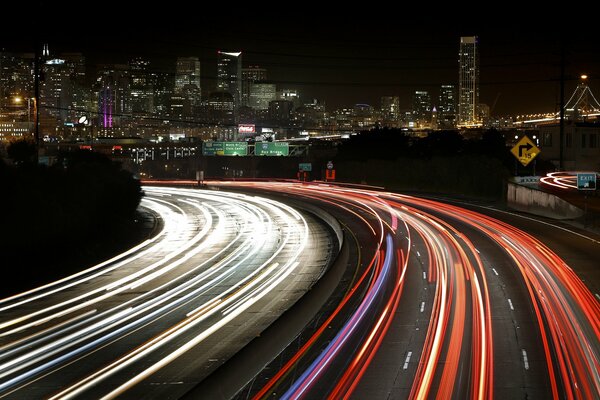 A frenzied colorful urban highway