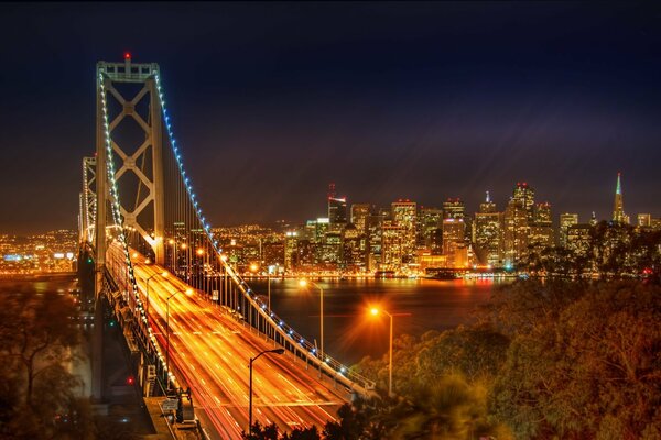 Brillante panorama nocturno de las luces de la ciudad, con puente, río y edificios altos