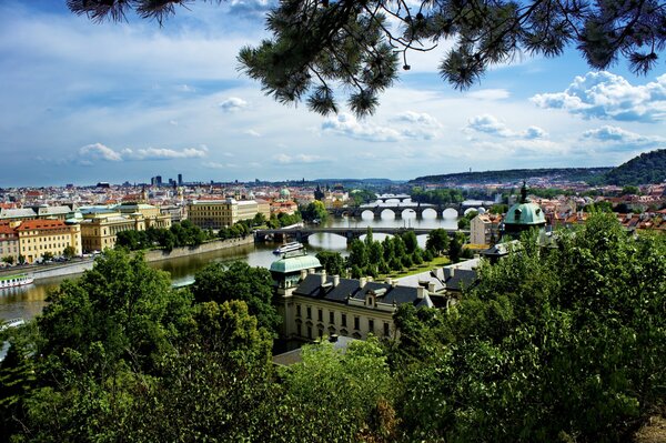 Panoramic view of the city bridges over the river