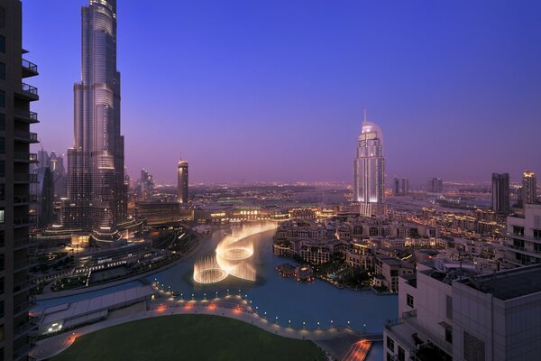 Panorama of high-rise buildings in the evening Dubai