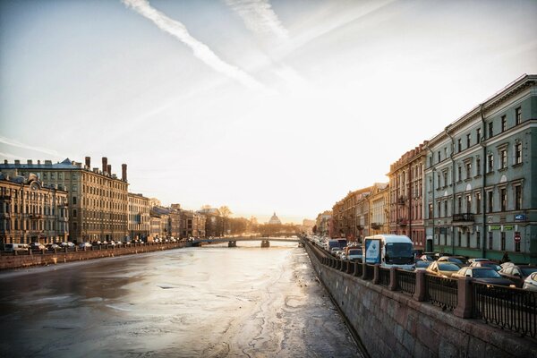 Moika River in ice in St. Petersburg