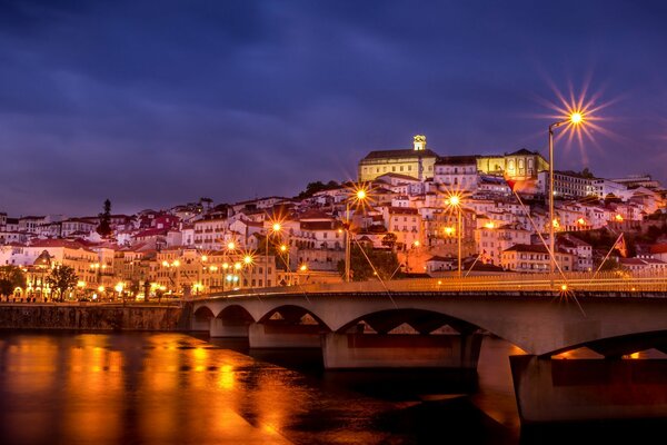 Bridge with lanterns and the city evening