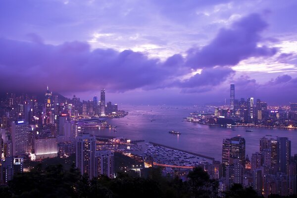 Victoria Harbour in lila Tönen. Victoria Harbour Bay. Landschaft von Hongkong, China. Beleuchtung der Nachtstadt Hong Kong. Blick auf Wolkenkratzer unter freiem Nachthimmel