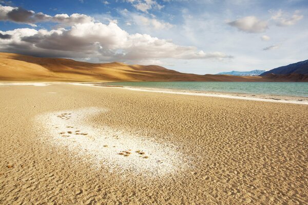 Playa de arena en el lago de montaña