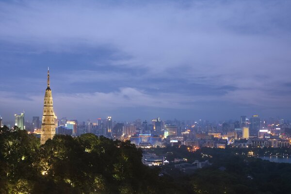 Panorama of the evening lights of the Chinese city of Hangzhou