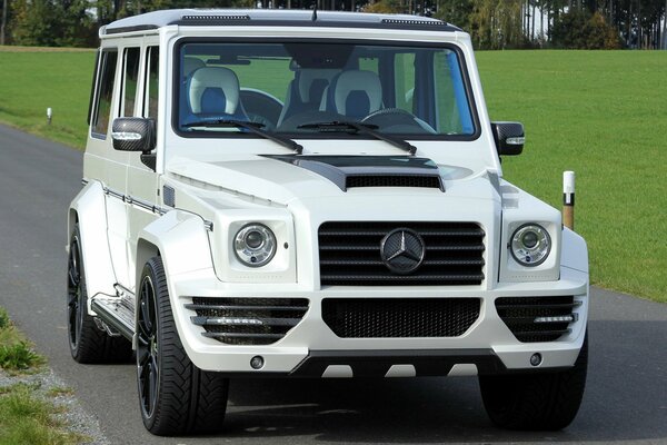 Stylish white hyundai on the background of an English lawn