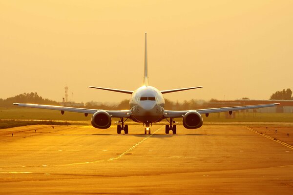 Boeing 737 en el fondo dorado del atardecer