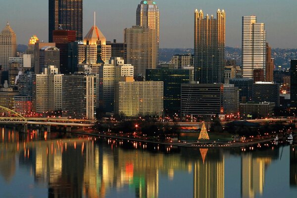 Reflection of high-rise buildings in water