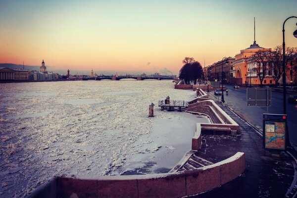 Beautiful embankment of St. Petersburg on a cool evening