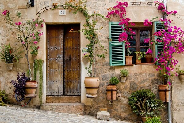 A house with pink flowers on the window