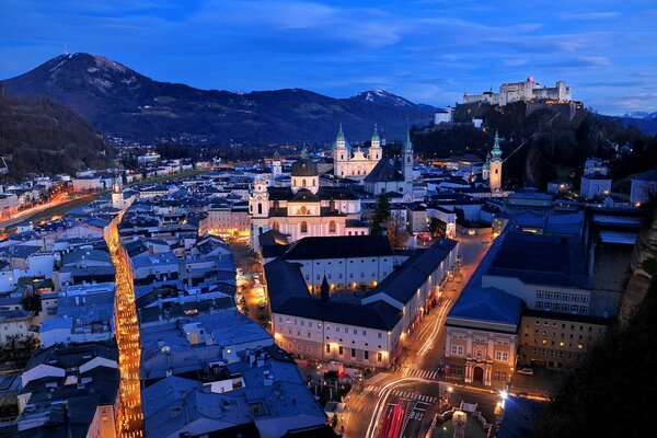 The evening city of Salzburg from a bird s-eye view