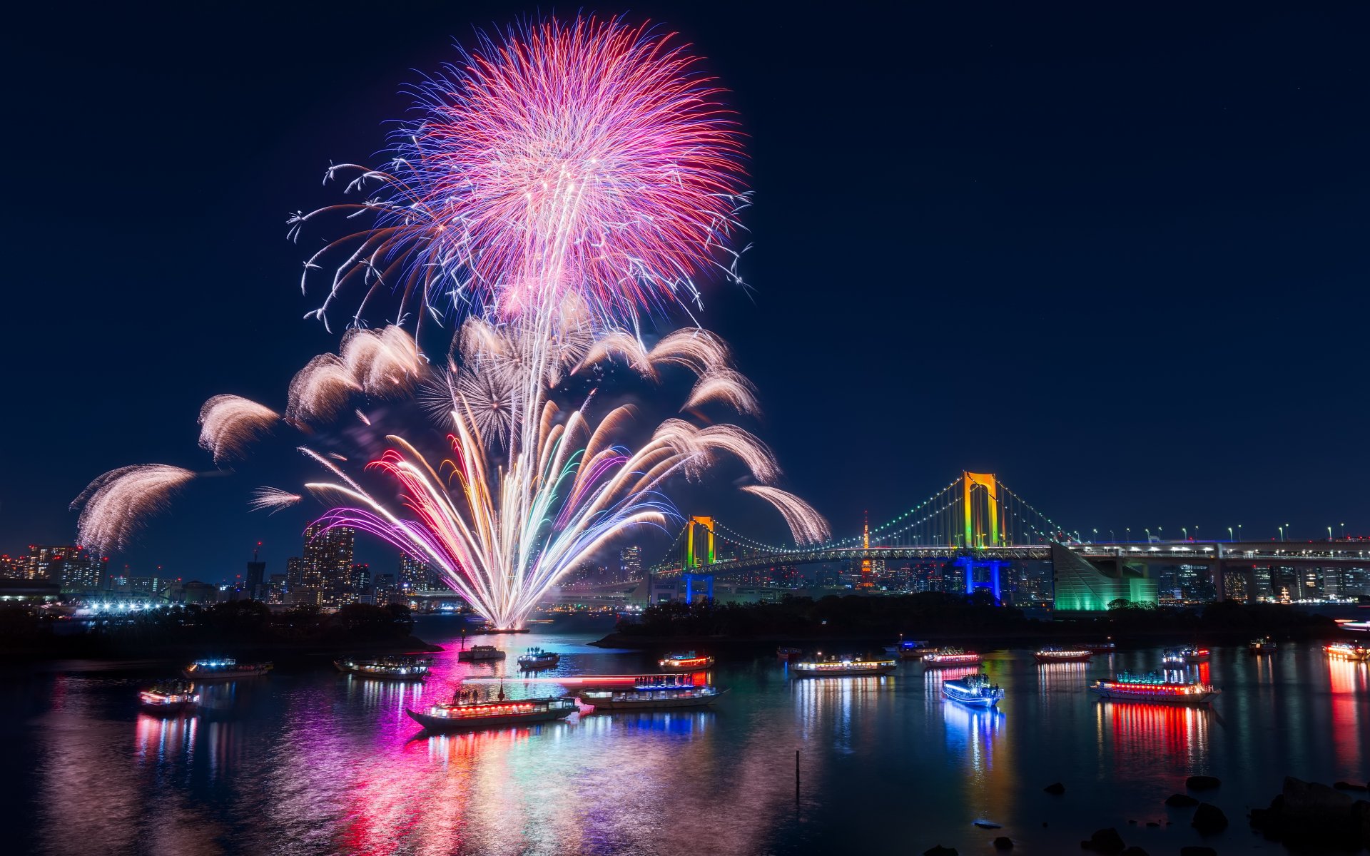 tokio saludo noche ciudad japón bahía vacaciones fuegos artificiales