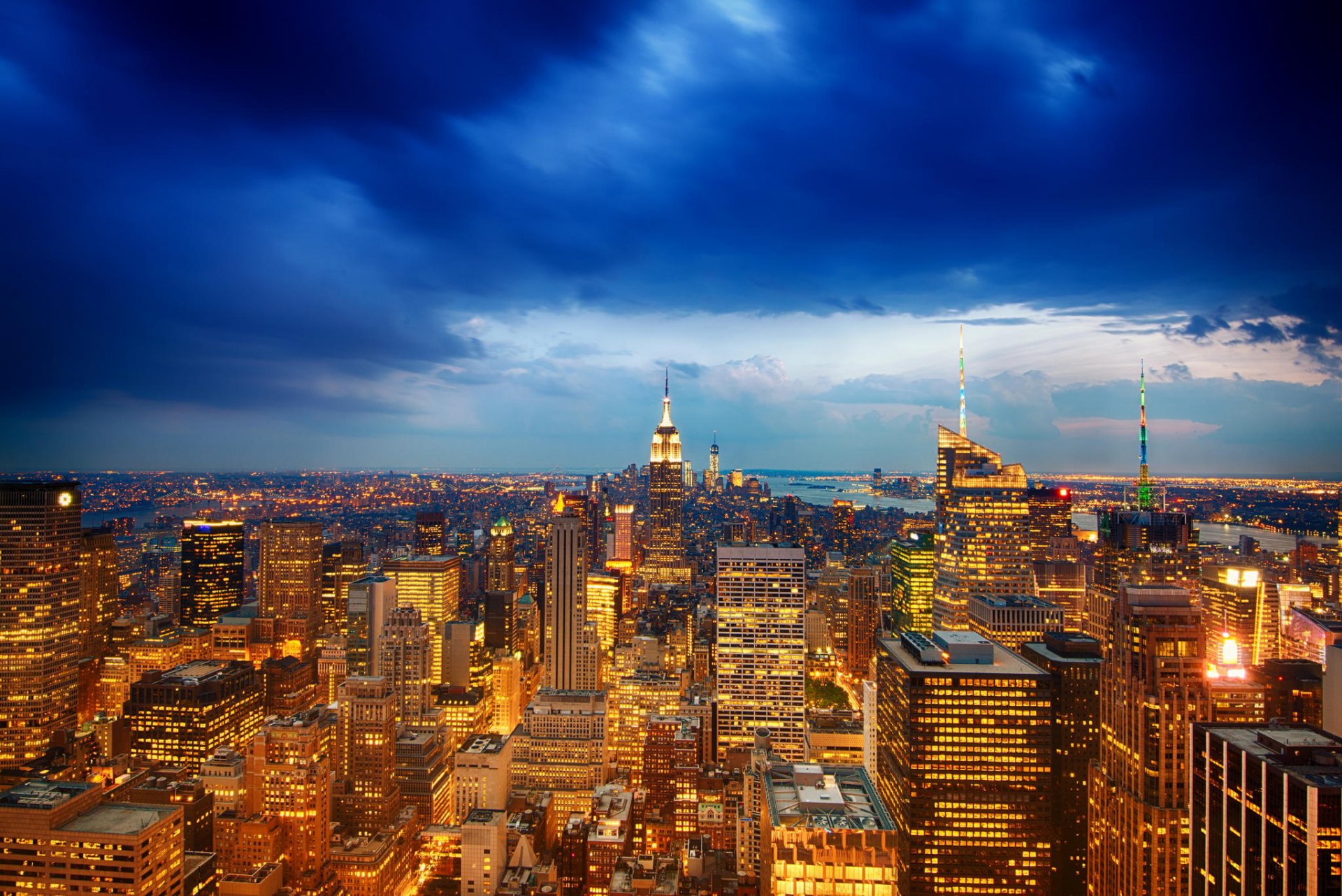 new york usa manhattan empire state building theater district city panorama evening view