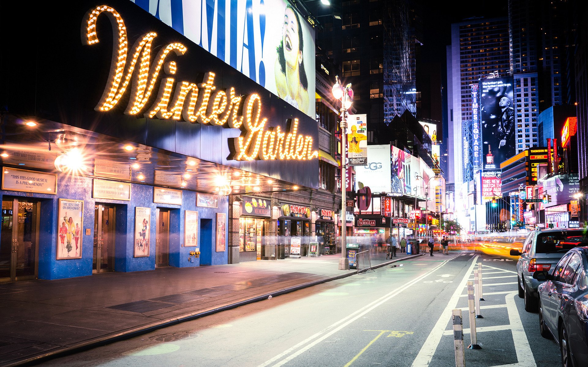 stati uniti d america new york inverno giardino teatro strada luci segnaletica grattacieli