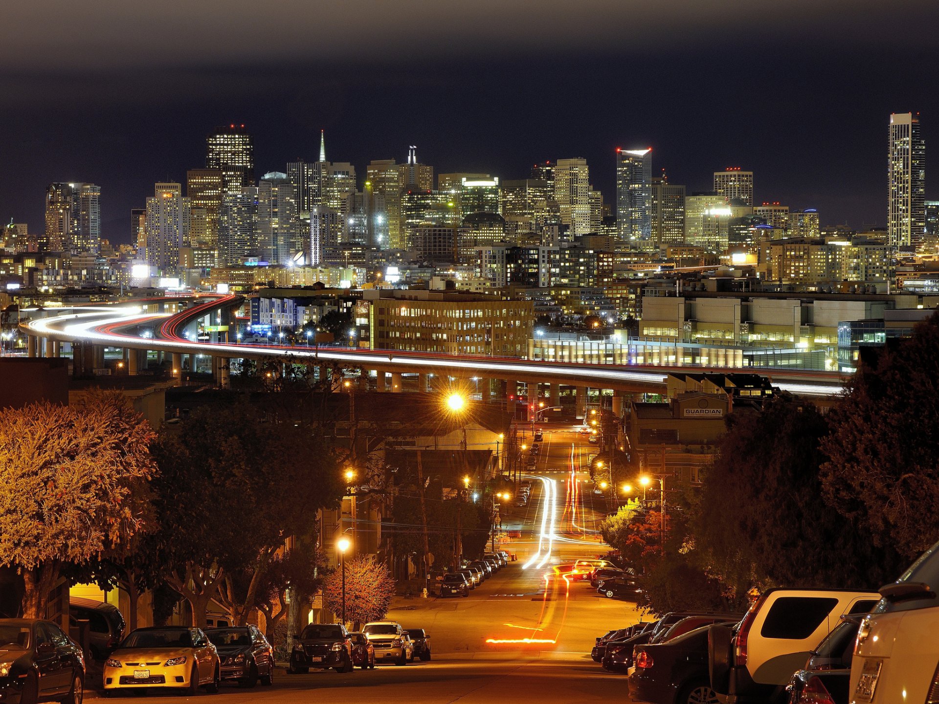 an francisco california usa united states night house high-rise buildings bridge road street machine