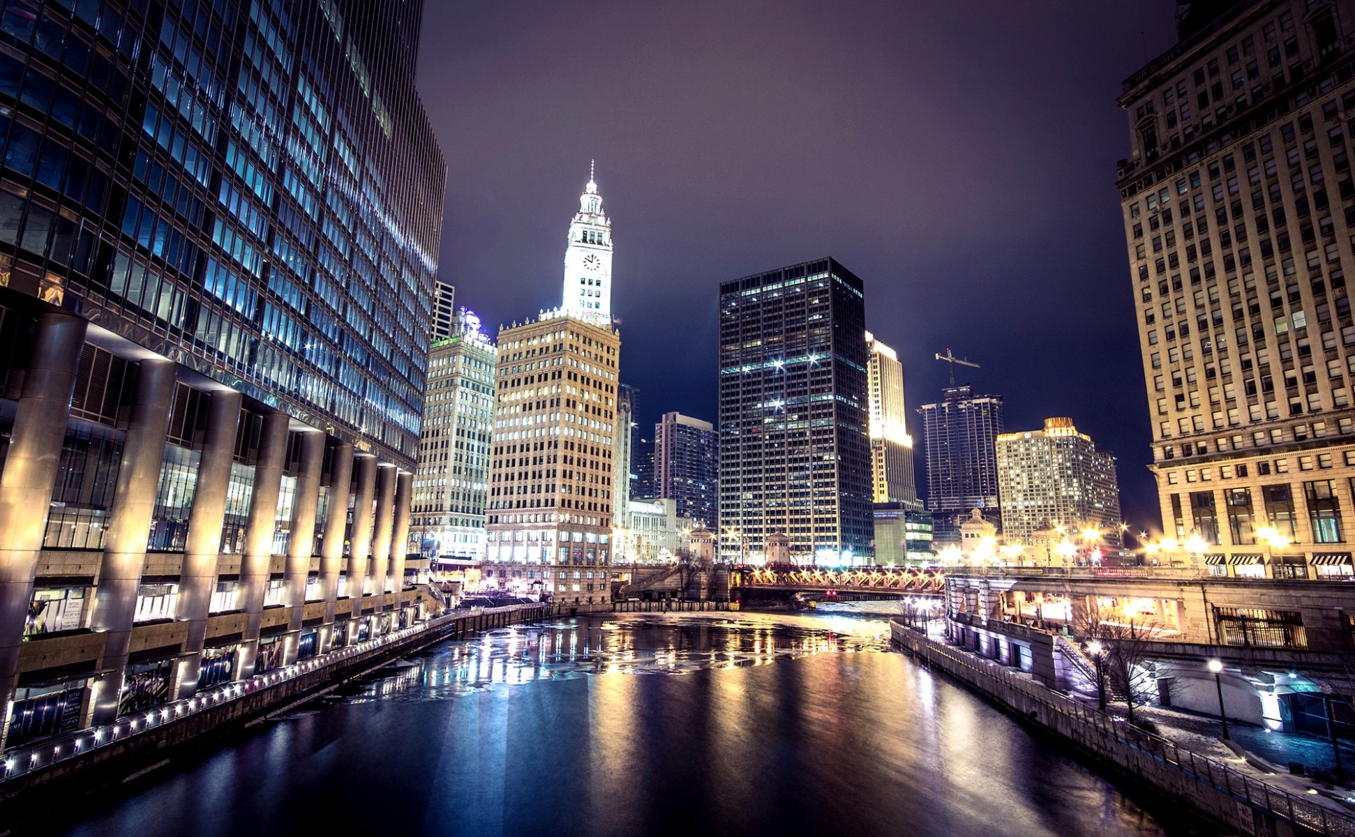 chicago illinois estados unidos estados unidos río chicago ciudad río luces puente rascacielos edificios iluminación invierno