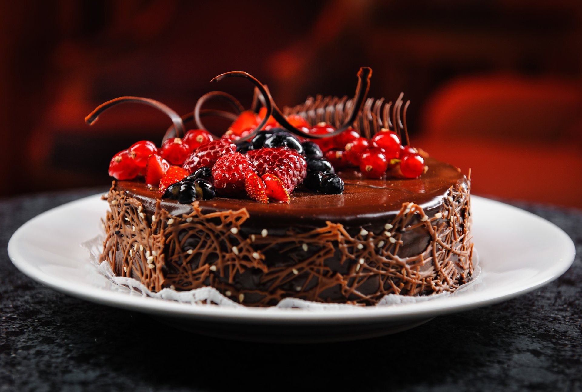 cake raspberry plate berries chocolate blueberrie