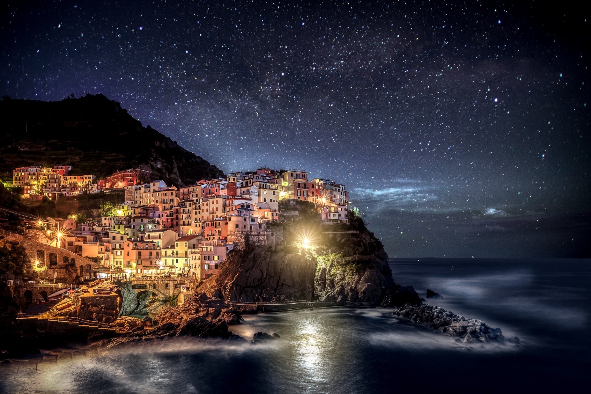 italia ligurien manarola italien cinque terre nacht lichter