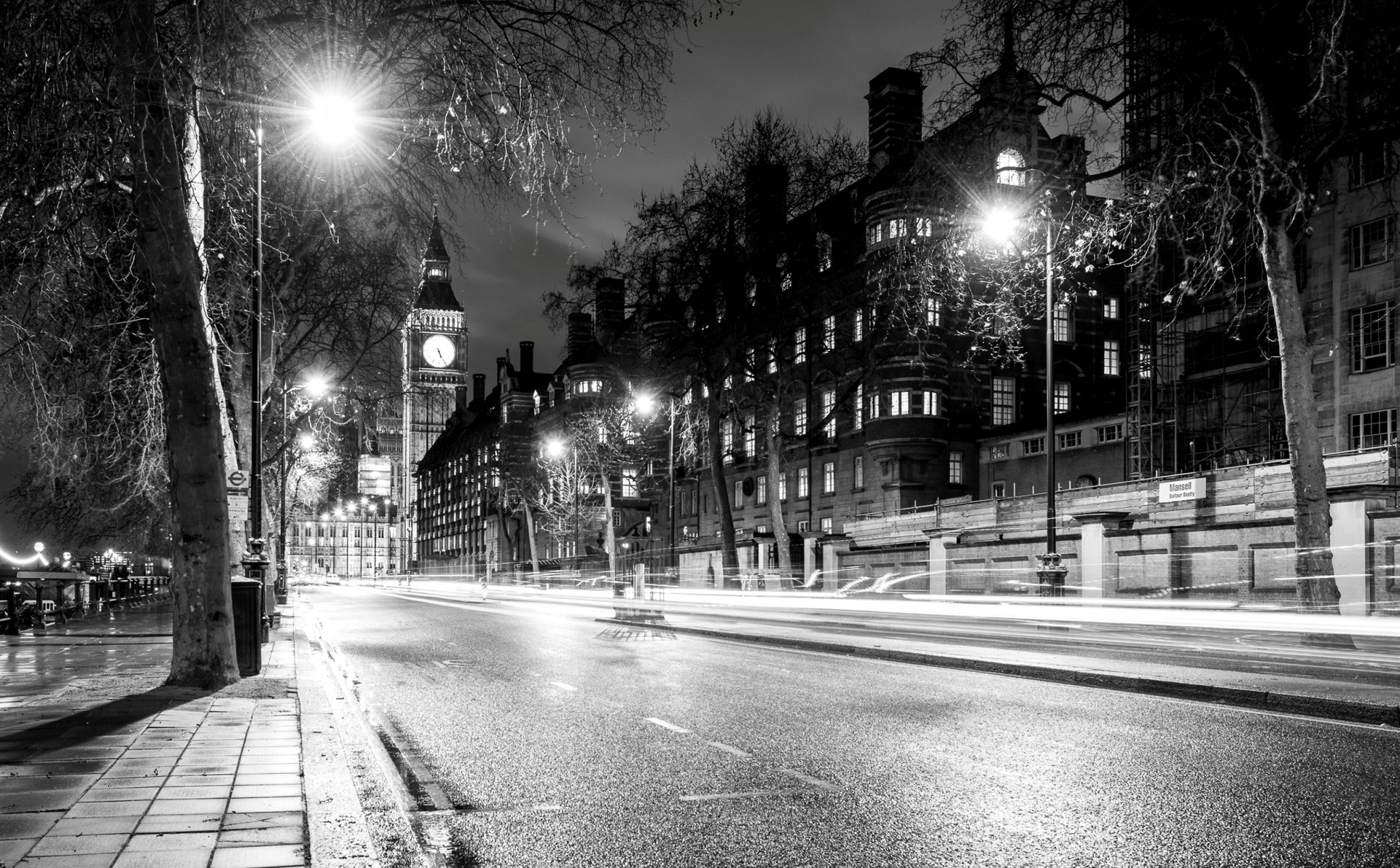 londres angleterre royaume-uni big ben big ben ville nuit route exposition lumière arbres lanternes maisons bâtiments architecture noir et blanc