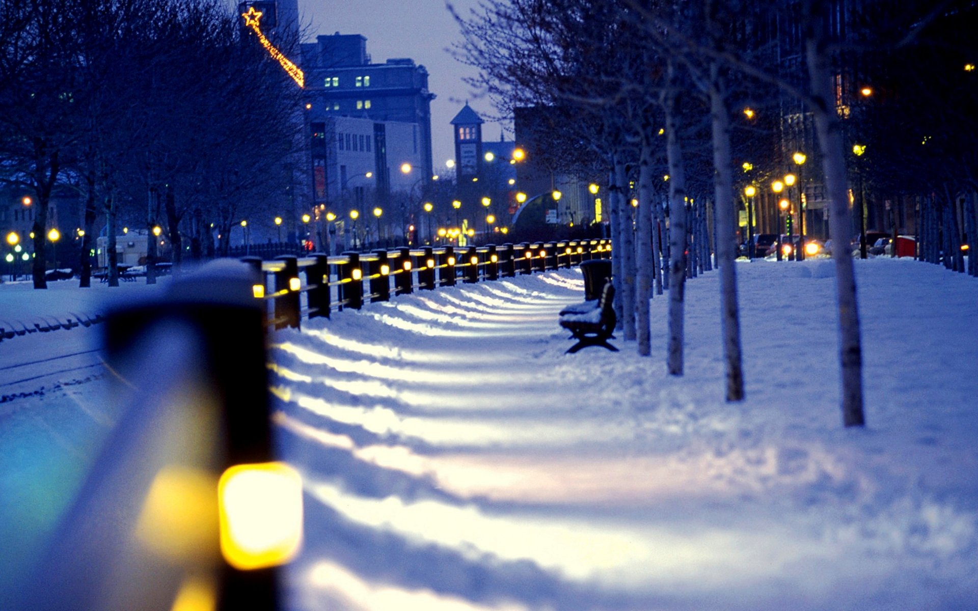 city night street winter snow benches lanterns winter