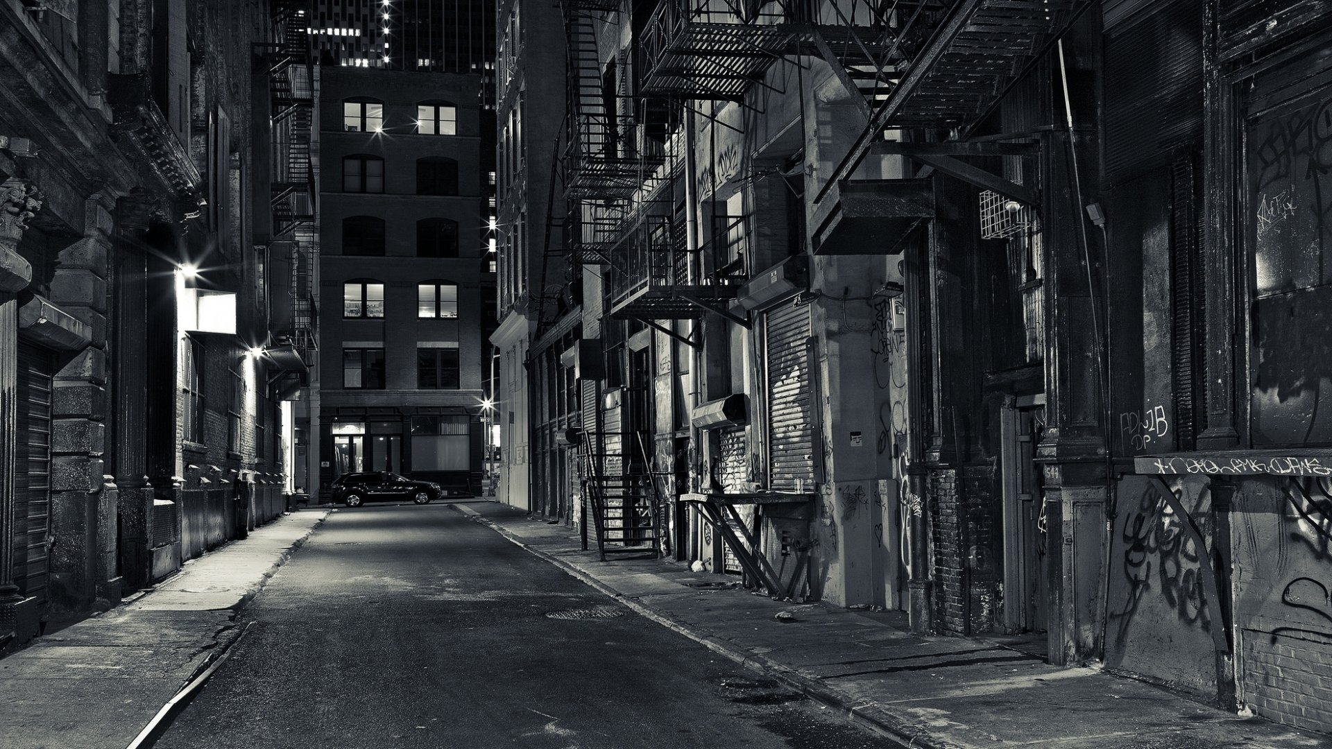 rue route maisons lanternes lumière noir et blanc