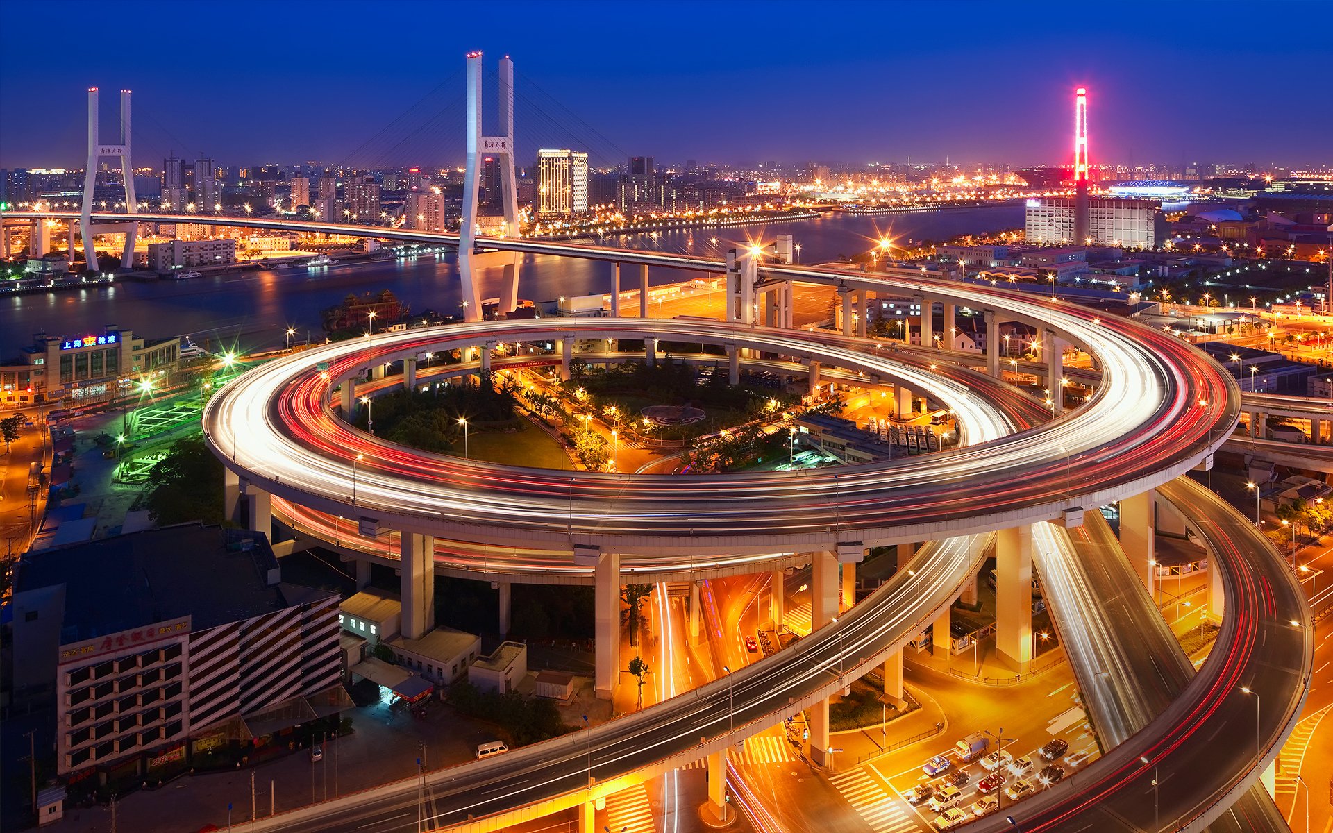 china stadt shanghai brücke nanpu-brücke nacht abend lichter belichtung