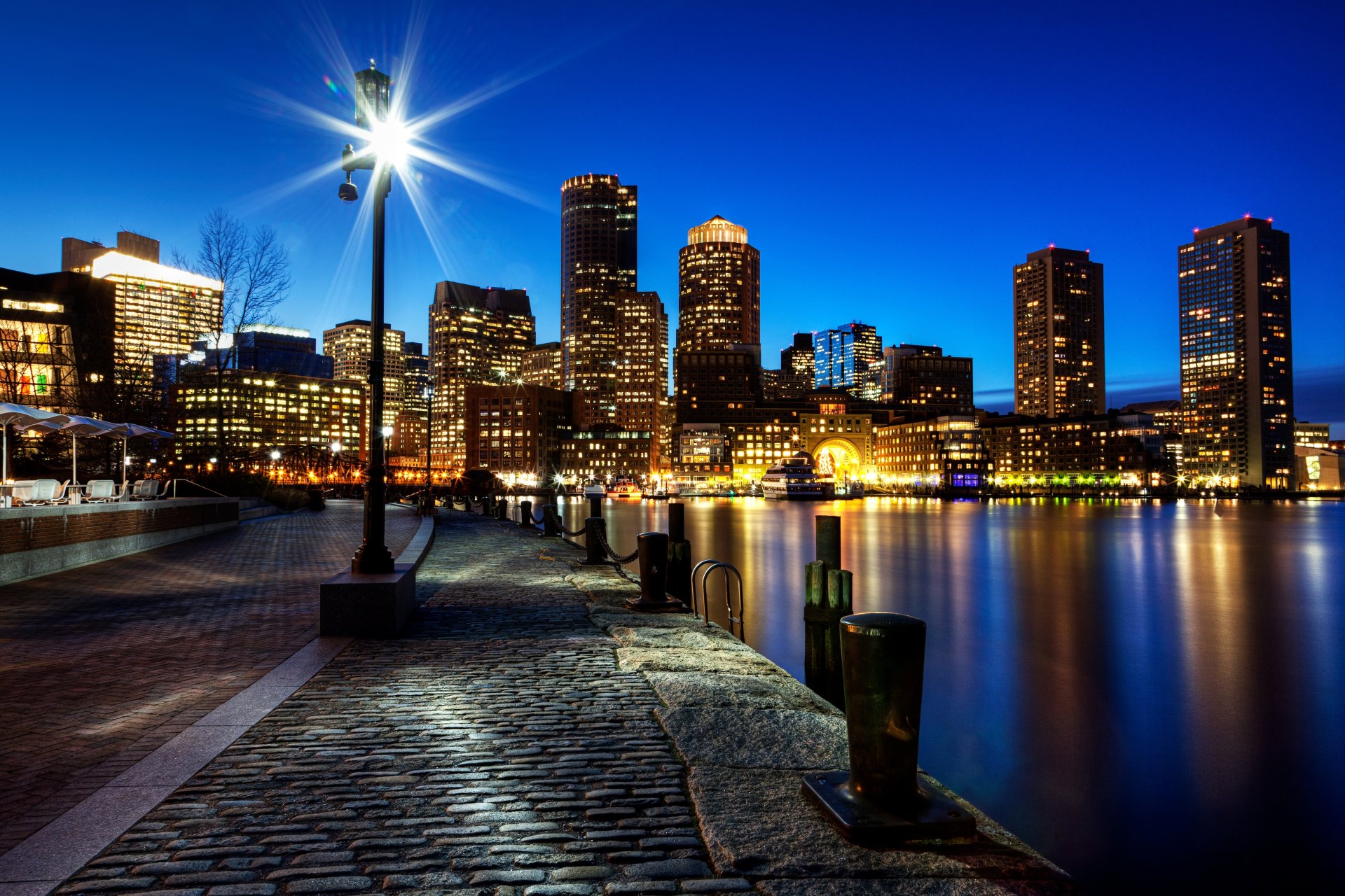 boston massachusetts usa city night lighting embankment paving stones stones river houses buildings skyscraper