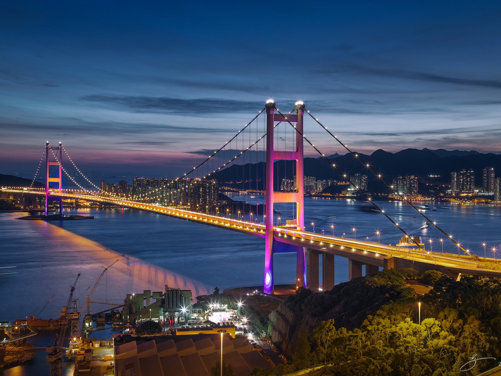 hong kong hong kong night sea bridge lights lighting