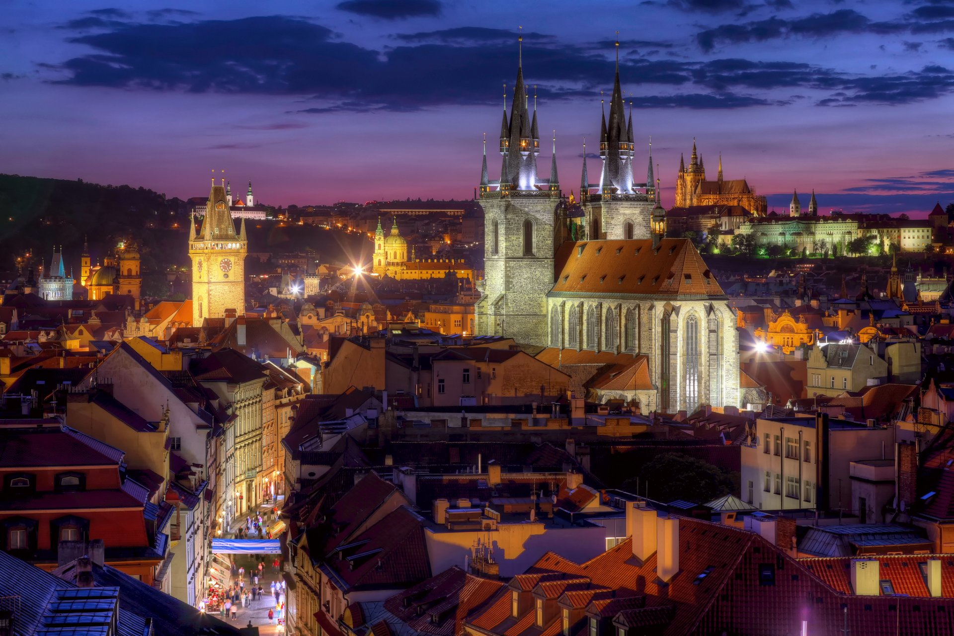 prague czech republic tyn church buildings roof night city panorama