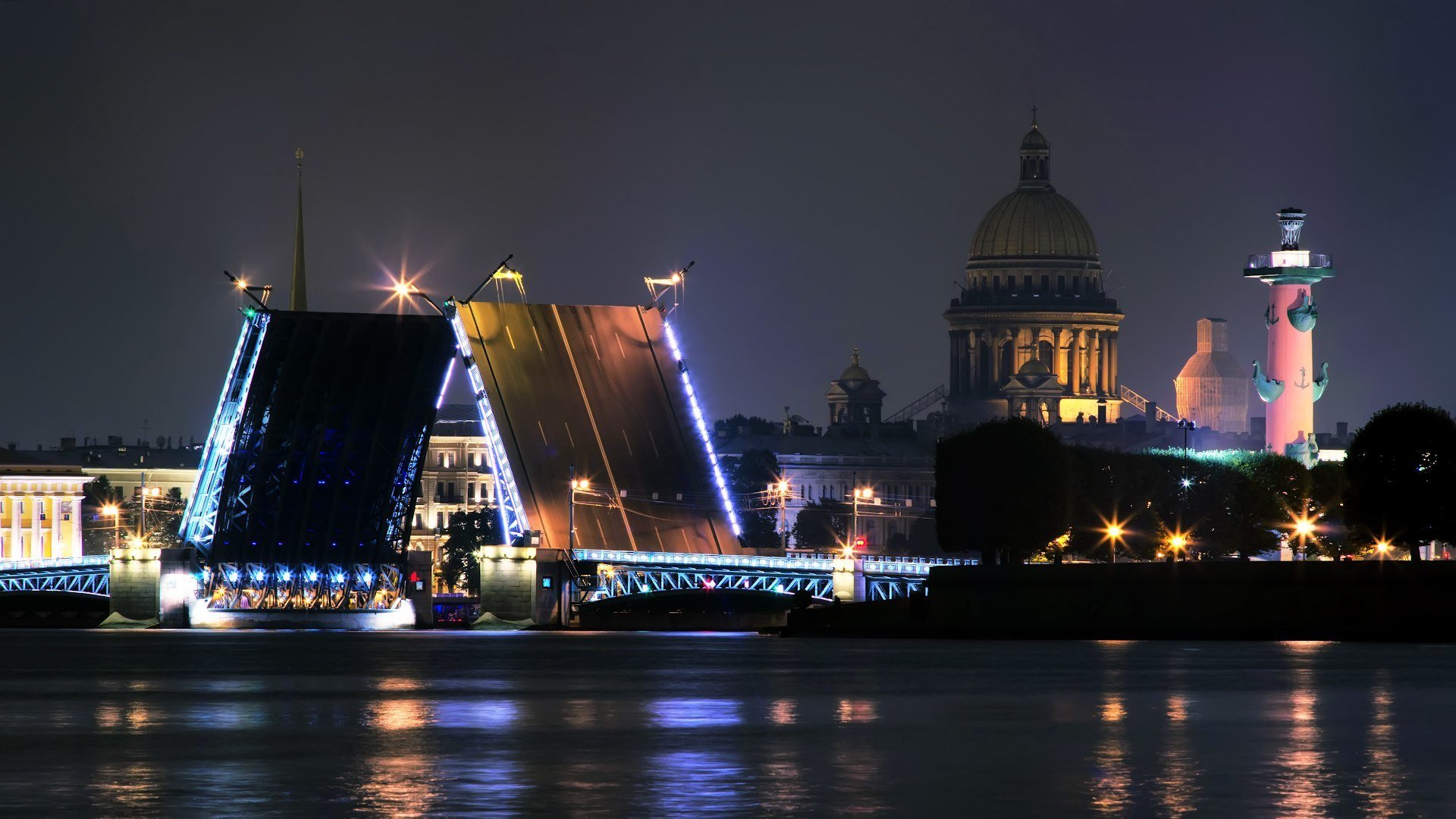 st. petersburg peter russland nacht stadt lichter fluss newa straße brücke kathedrale laternen