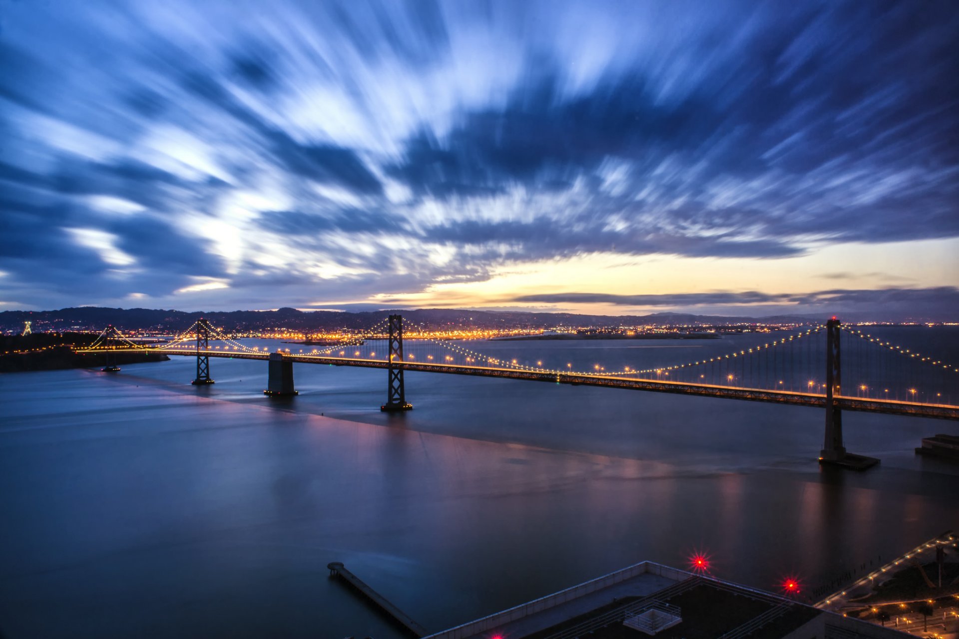 estados unidos san francisco california puente de la bahía puente bahía puerto luces iluminación iluminación noche puesta de sol cielo nubes