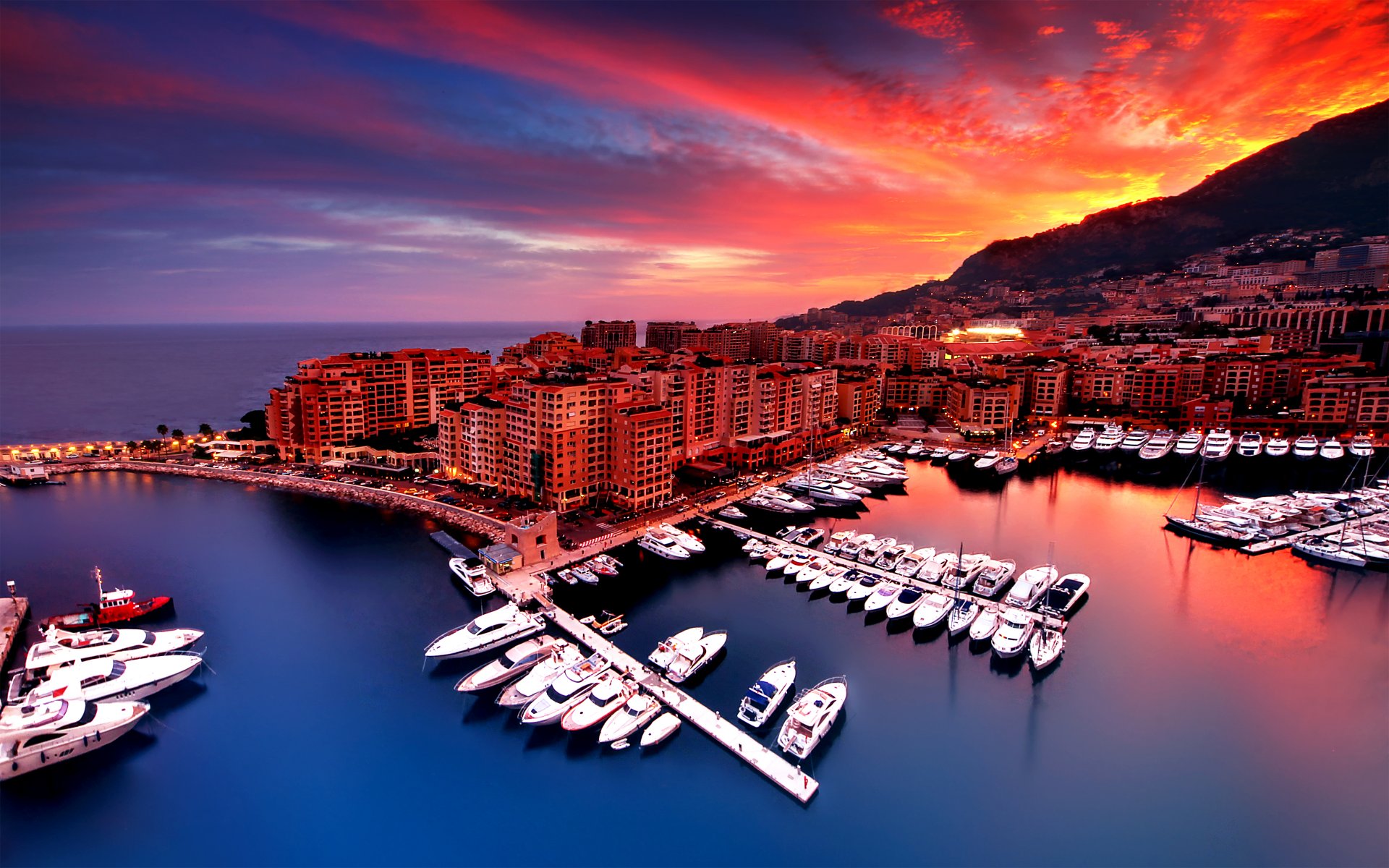 mónaco amanecer ciudad casas montaña yates bahía