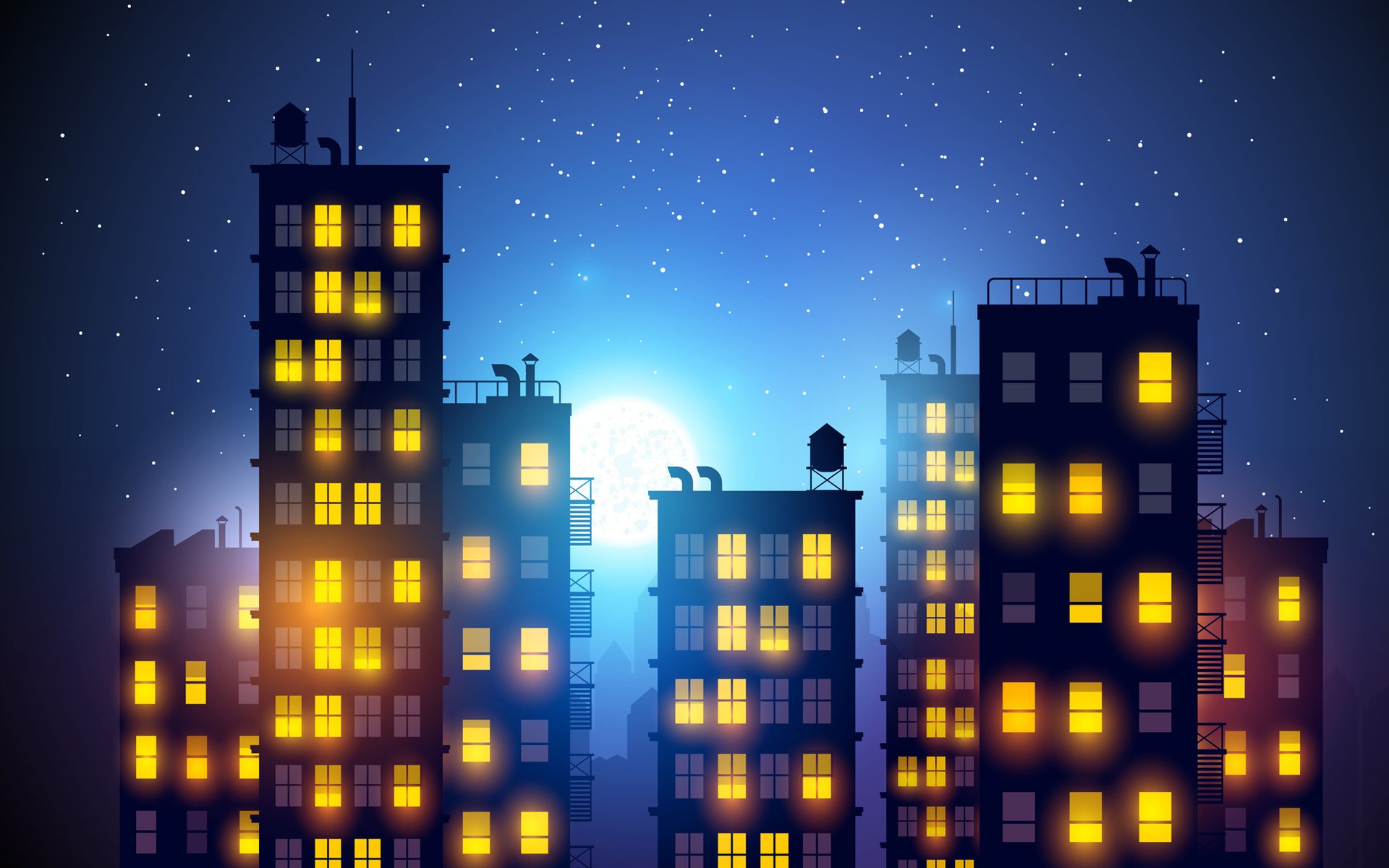 city drawing night romance light sky houses skyscrapers windows building moon widescreen wallpaper widescreen desktop wallpaper interesting wallpapers interesting picture