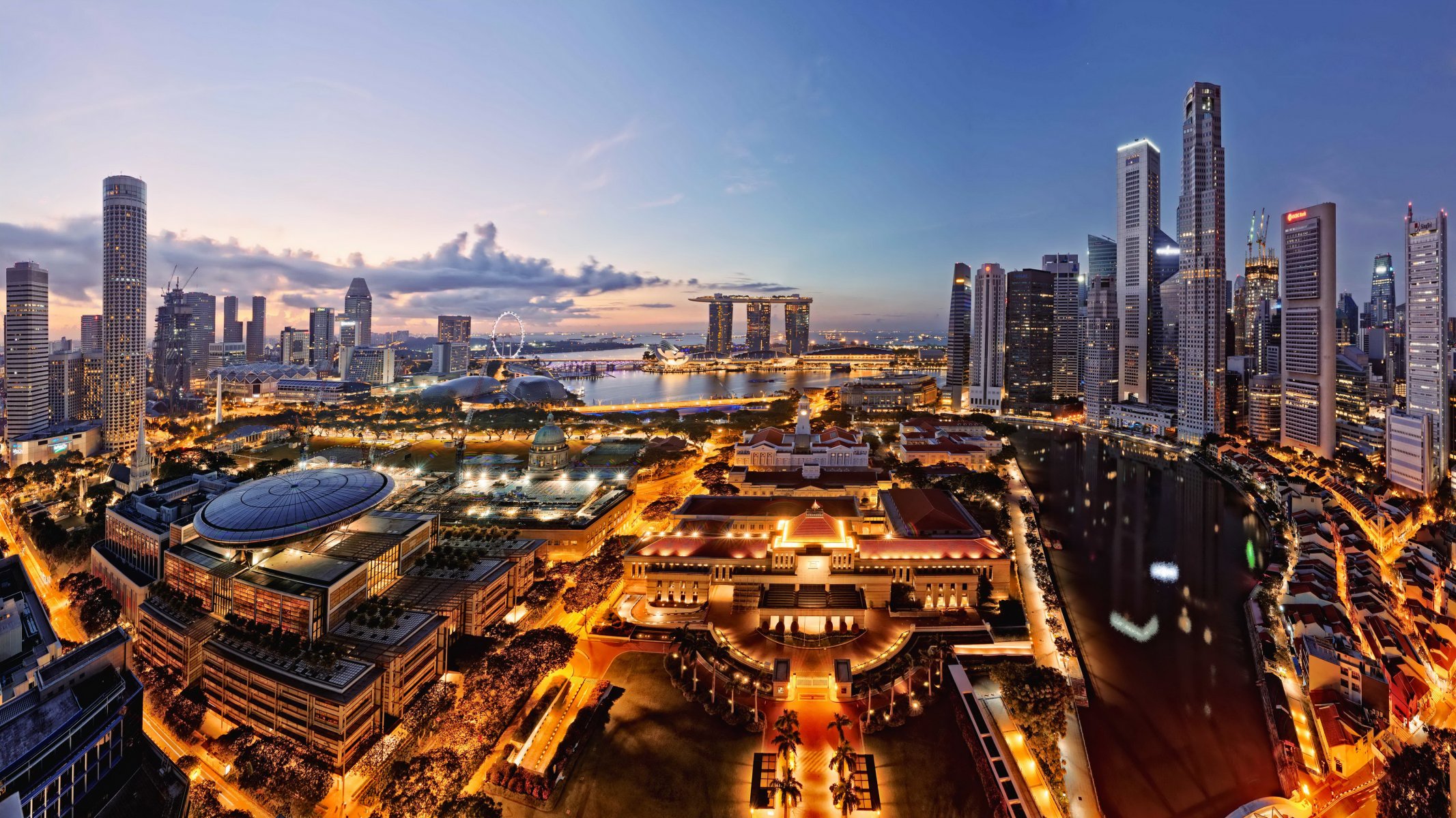 singapur asien stadt abend lichter wolkenkratzer häuser