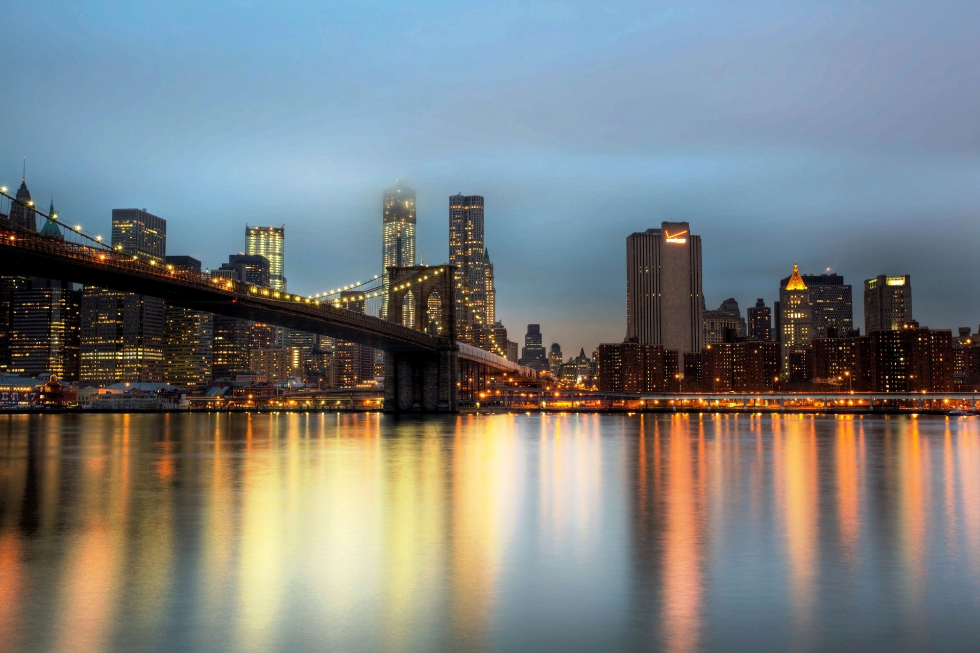 brooklyn bridge new york city usa east river stadt abend wolkenkratzer