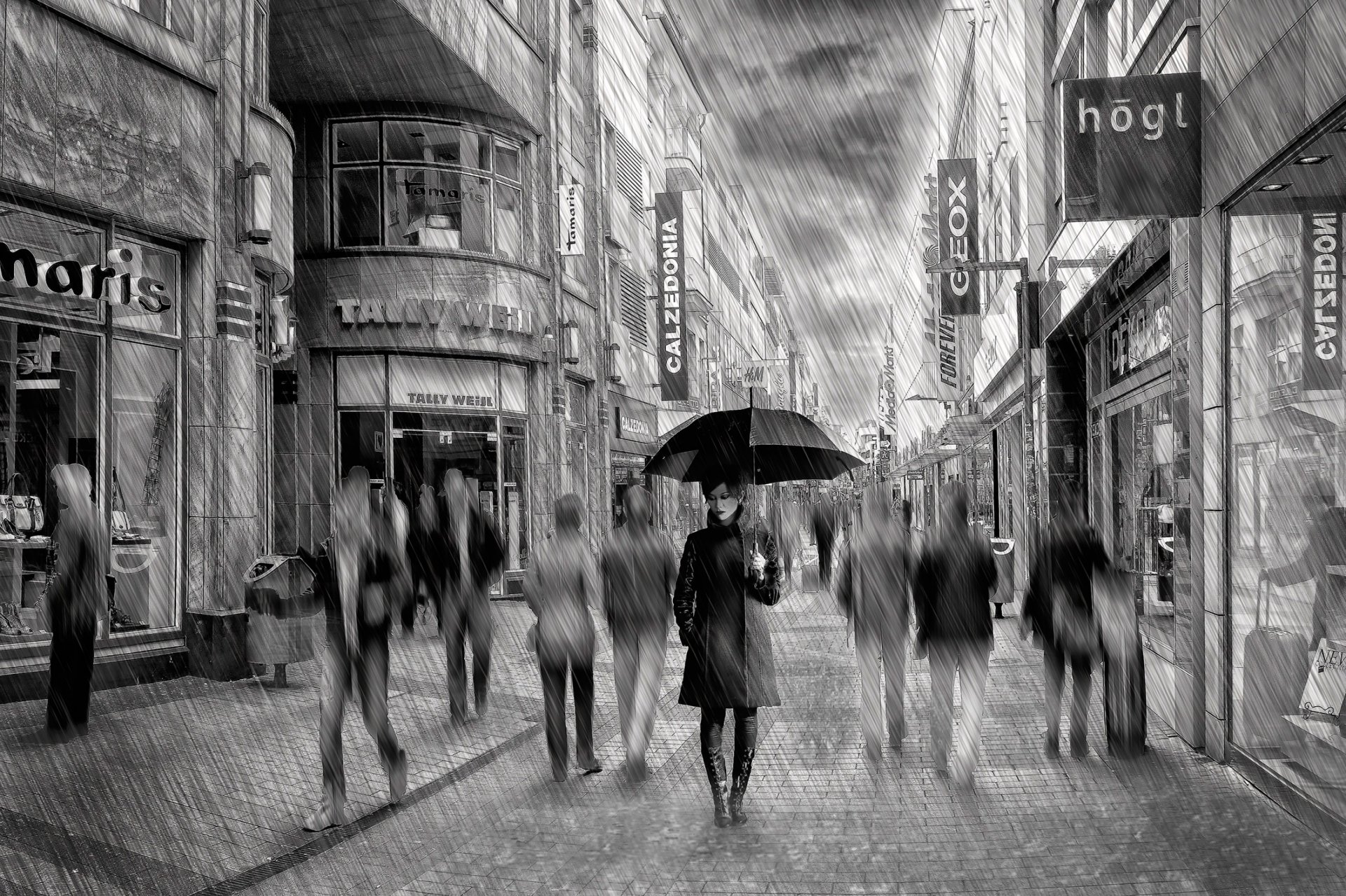 lady rain street rain umbrella art