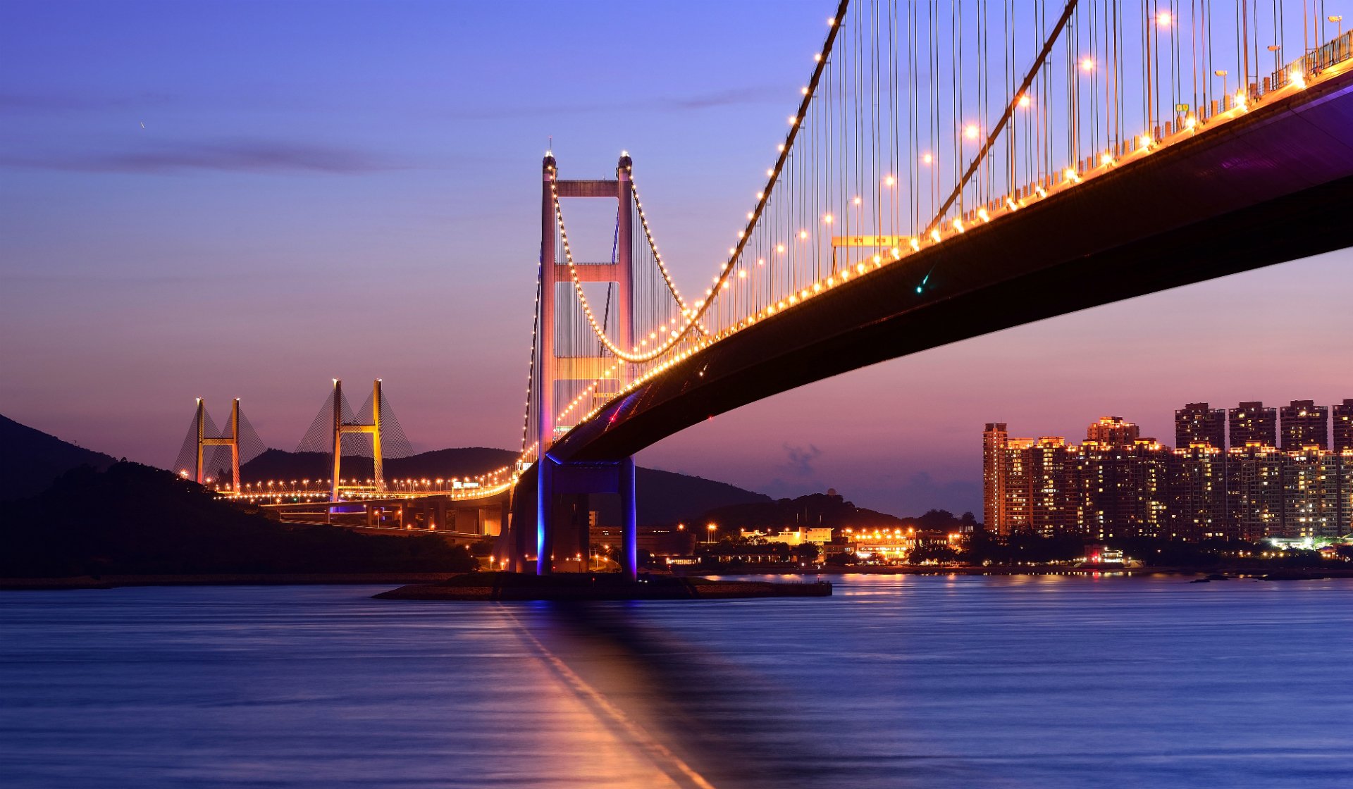 hong kong hong kong night sea bridge lights lighting