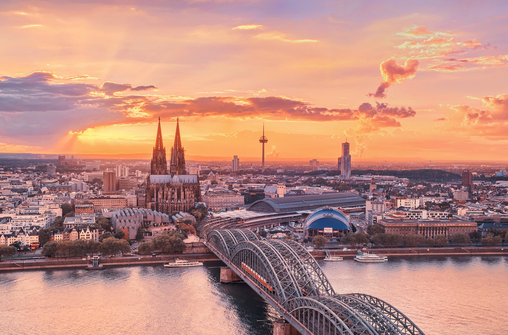 köln sonnenuntergang himmel stadt deutschland brücke fluss rhein